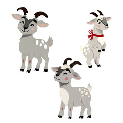 Adorable cartoon goats with antlers and ribbon on transparent background. Perfect for nursery prints, kids' products, cards, stickers, and holiday designs, packing. Hand-drawn textured illustration.
