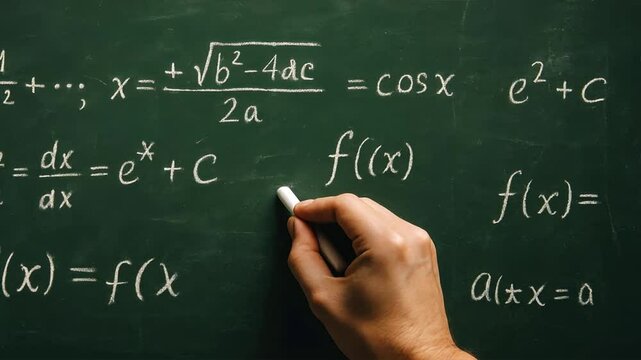 Hand writing on a chalkboard covered with complex mathematical equations, illuminated by soft light, creating an academic and focused atmosphere of ai learner and virtual equation exploration - Powered by Adobe