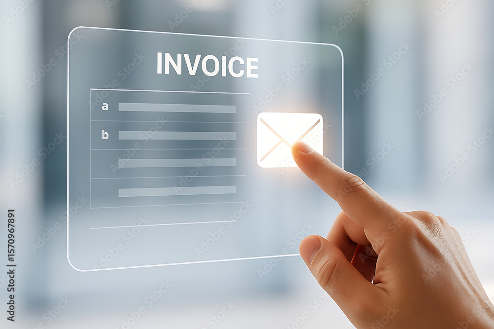 Poster a hand touching an invoice screen with a glowing email icon in a futuristic interface design element