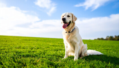 in a vibrant outdoor setting, a dog sits serenely on a lush green lawn. the animal is cream colored with its tongue happily lolling out, wearing a collar with a tag
