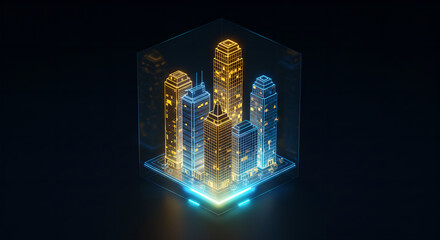 Digital city skyline with glowing buildings inside a data cube. Smart urban infrastructure and future technology concept for business.