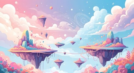 Dreamy landscape with floating islands and pastel clouds