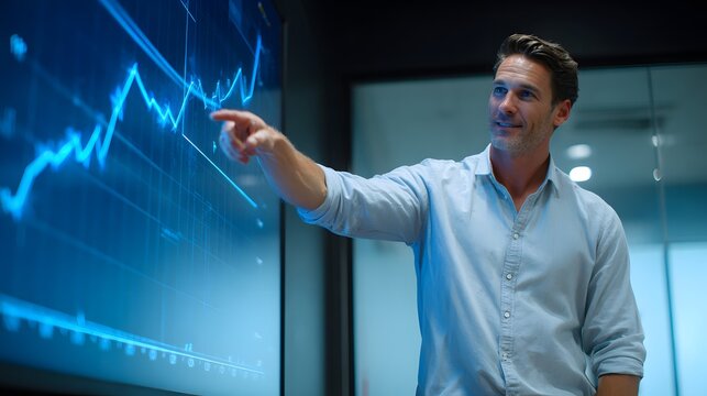 confident businessman pointing to a growth chart on a digital screen during presentation, modern boardroom, smart casual outfit
