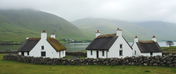 Whitewashed Stone Croft Houses with Black Slate or Thatched Roofs on Isle of Skye Scotland