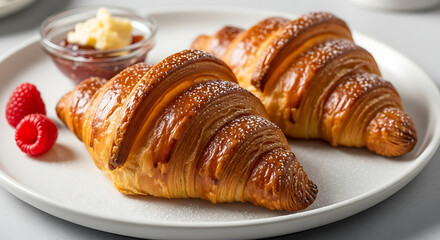 Buttery Croissants with Raspberry Jam: Two golden-brown croissants, dusted with powdered sugar, sit invitingly on a plate alongside a small bowl of raspberry jam and butter.