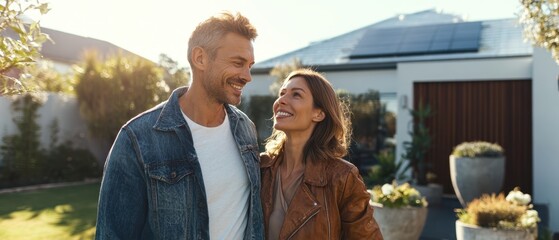 The joyful couple enjoying a sunny day in their beautiful backyard garden.