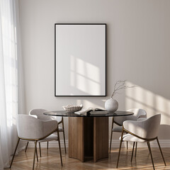 Frame mockup, ISO A paper size. Living room wall poster mockup. Interior mockup with house background. Modern interior design. 3D render
