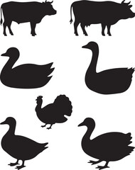 Cow Duck Turkey Goose Silhouettes Set for Agriculture Design