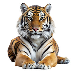 Obraz premium Majestic Tiger: A powerful tiger, eyes intense, rests majestically, its orange and black stripes striking against a clean background.