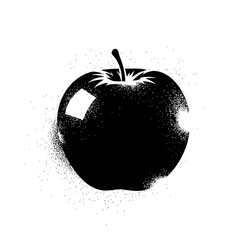 Black and white graphic design of an apple with stem and leaves