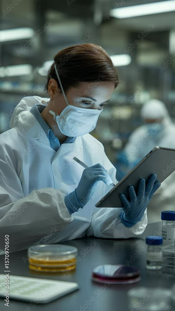 Poster lab scientist at work: a dedicated scientist in a protective suit meticulously analyzes data on a ta