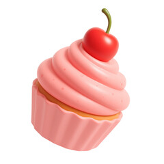 A vibrant, isolated cupcake with pink frosting and a bright red cherry on top.