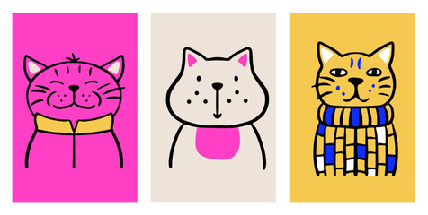 Fototapeta premium Set of posters with cute hand drawn cats. Friendly covers or cards with pets. Vector illustration