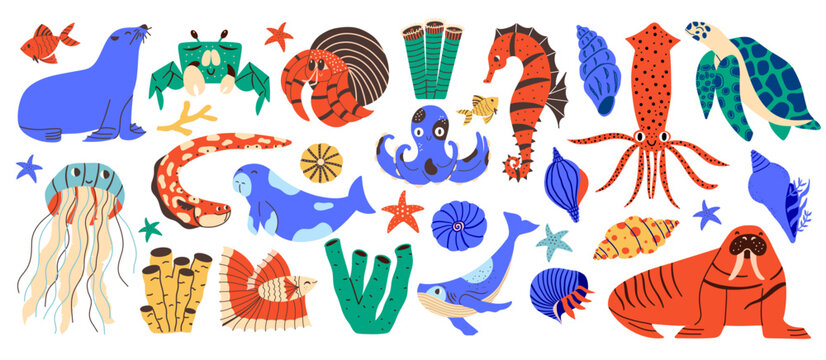 Naklejki Set of sea animals and fish. Marine creatures hand drawn graphic collection. Cute and funny vector illustration