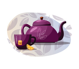 Purple ceramic teapot and a cup of herbal tea, lemon slices. Fruit tea. Seasonal warm beverage.