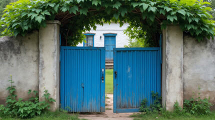 Blue Metal Gate of a Ukrainian Countryside House