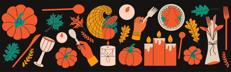Thanksgiving holiday decorative graphic elements. Fall seasonal festive set. Autumn traditional pumpkin and turkey dishes. Graphic banner with collections © Aliaksandra