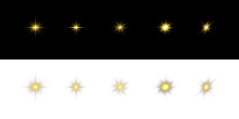 Shining Gold Star Light and Yellow Sparkle PNG. Vector Transparent Light Effect, Sunbeam Flare, Glitter Burst, Radiant Glow for Celebration, Fantasy, or Abstract Backgrounds	