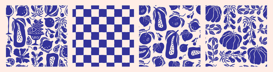 Amalfi coast hand-drawn seamless pattern collection: food, checkers and fruits. Retro vibes in naive Mediterranean style. Perfect for fabric, kitchen decor, wrapping, and summer food design.