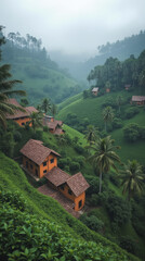 Sri Lanka Ella Region Village Houses with Clay Walls and Palm-Thatched Roofs in Lush Hills