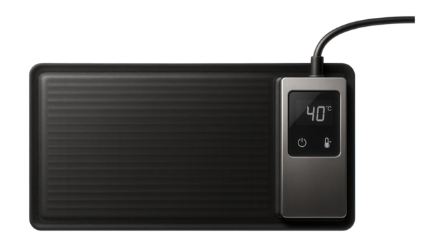 Rectangular heating mat with integrated thermostat for temperature control during concrete curing.