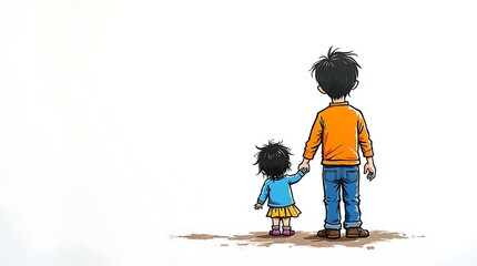 Child hand drawn art showing father holding hands with daughter, symbolizing Father being alone with children