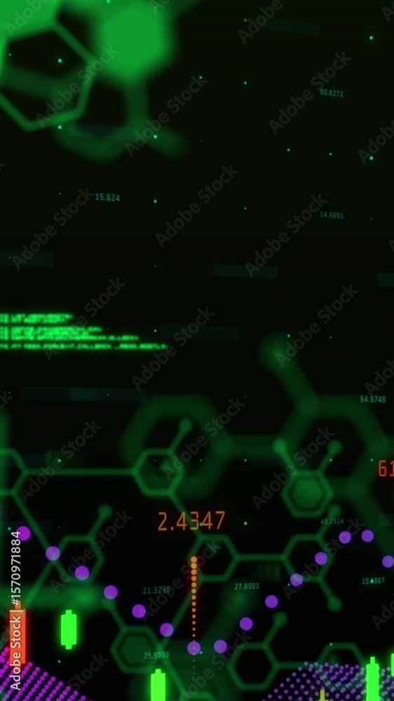 Poster animation of data processing and qr code over world map on black background