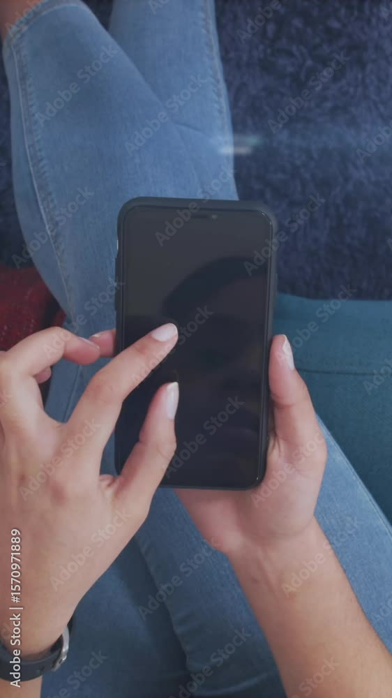 Poster animation of spot of light and data processing against overhead view of a woman using smartphone