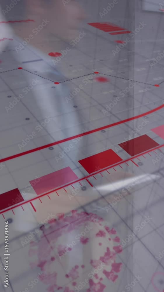 Poster animation of falling covid 19 cells over data processing on graph and walking business people