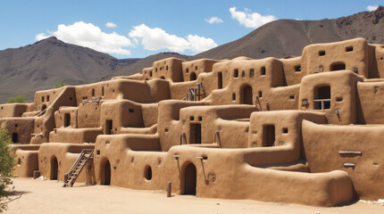 Taos Pueblo New Mexico Multi-Story Adobe Dwellings in Tiered Formation