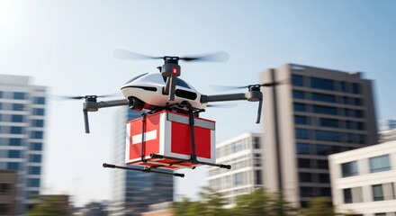 Drone delivers a red package with a medical cross over city buildings, symbolizing efficient future healthcare delivery and emergency logistics.