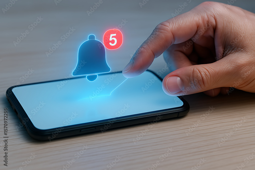 Poster a finger touching a smartphone screen with a notification bell icon and a red circle with the number