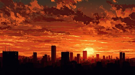 Fiery sunset paints the sky in vibrant oranges and reds, casting long shadows over a silhouetted cityscape at the horizon.  The sun, a large orange disc, dips below the buildings