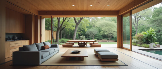 Tranquil Zen-Inspired Open-Plan Living and Dining Area with Low Gray Sofa