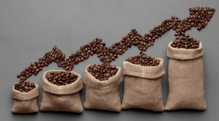 Five burlap sacks of increasing size filled with coffee beans form an upward arrow graph on a grey background