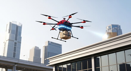 Modern drone carrying package for fast delivery service. Automated logistics and transport of goods via flying robot with propeller.