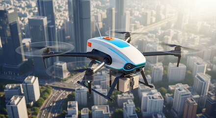 Modern drone carrying package flying over city skyline. Autonomous delivery service concept. Future logistics and freight transportation.