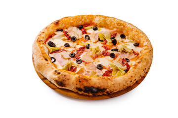 Tasty pizza with olives, sun-dried tomatoes, and artichokes