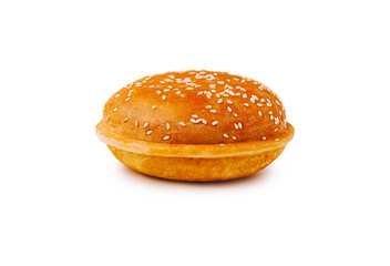 Soft sesame seed bun with a golden brown crust on a clean background