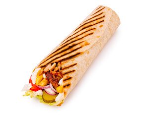 Deliciously grilled wrap filled with fresh vegetables and savory meat