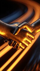 Golden handshake, business agreement with motion light trails background