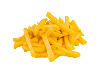 Delicious golden french fries piled high on a white background