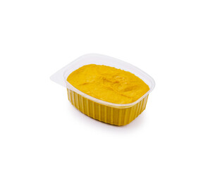 Chickpea dip served in a disposable container ready for snacking