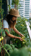 Woman Tending to Tomatoes in Urban Balcony Garden