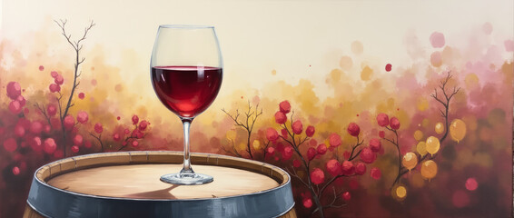Oil Painting of a Wine Glass on a Barrel Edge with Vineyard Tones and Dynamic Brushwork