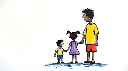 Child hand drawn art showing father holding hands with two children, symbolizing mother's absence