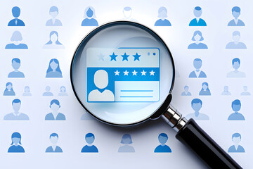 Magnifying glass over user profile with stars rating