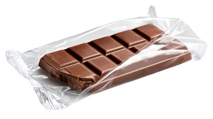 Milk chocolate bar in plastic wrap, isolated on transparent background