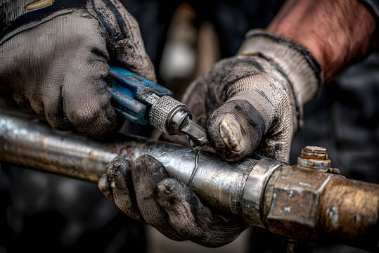 Tool in hand repairing silver pipe in detailed plumbing repair scene