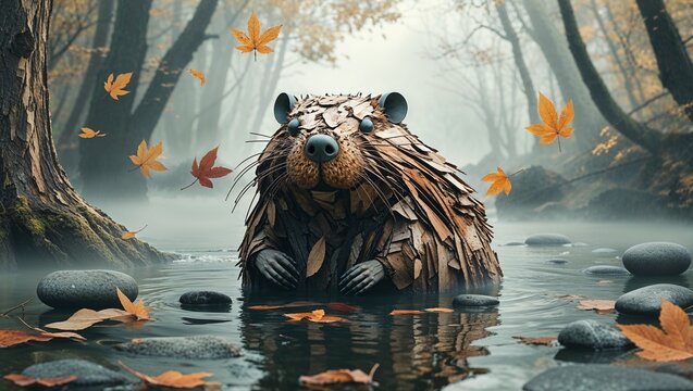 Beaver-like wood sculpture standing in misty forest stream, with drifting maple leaves and stones - Powered by Adobe